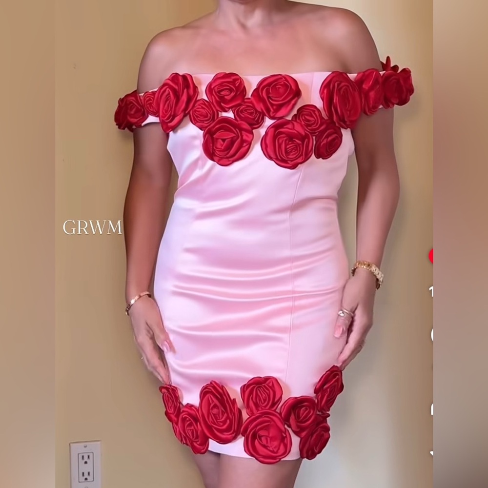 Atoir Strapless Pink Dress with Red Floral Accents